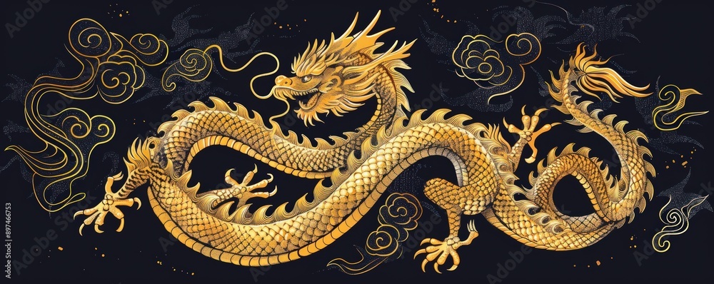 A gold dragon is depicted in a black background A gold dragon is depicted in a black background