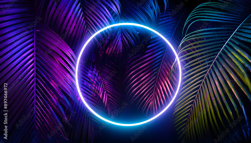 violet and Blue Neon Light with Tropical Leaves. Dark tropical exotic background with Leaf violet and Blue Neon Light with Tropical Leaves. Dark tropical exotic background with Leaf