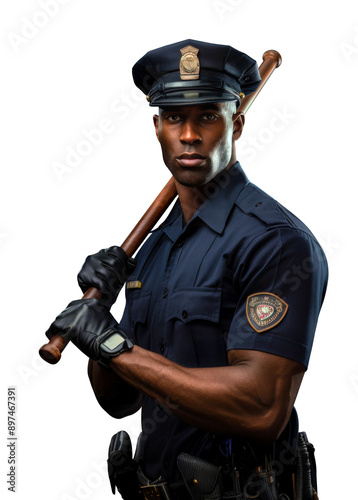 Police officers or security guards in full uniform holds a baton.