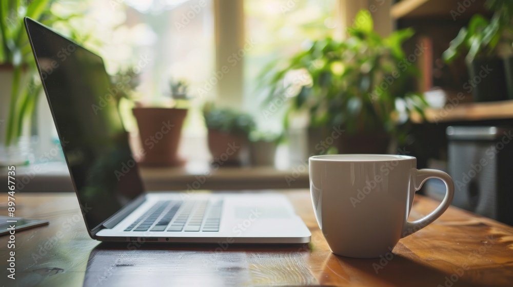 A telecommuting professional video conferencing from a home office, balancing work and life seamlessly with a cup of coffee in hand. A telecommuting professional video conferencing from a home office, balancing work and life seamlessly with a cup of coffee in hand.