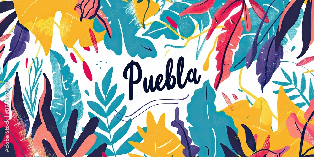 Fototapeta premium Vibrant Tropical Leaves with 'Puebla' Text