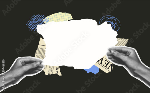 Background with torn paper copy space template. Halftone hand hold empty page list. Collage frame for text