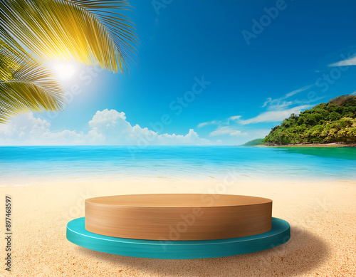  Beach Podium Summer Background- A summer-themed podium on a sandy beach with a 3D sea displ_1(51) photo