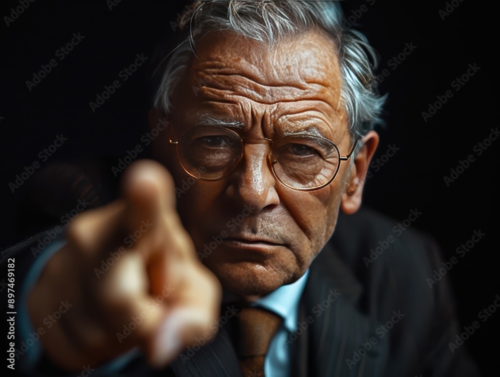 Senior Leader Pointing Finger in Strategic Discussion - Editorial Digital Illustration on Dark Background Senior Leader Pointing Finger in Strategic Discussion - Editorial Digital Illustration on Dark Background