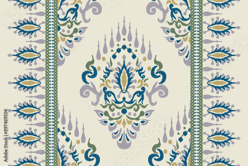 Ikat floral embroidery on beige background. Luxury traditional oriental ethnic pattern. Aztec style abstract design for fabric, clothing, wrapping, decoration, carpet