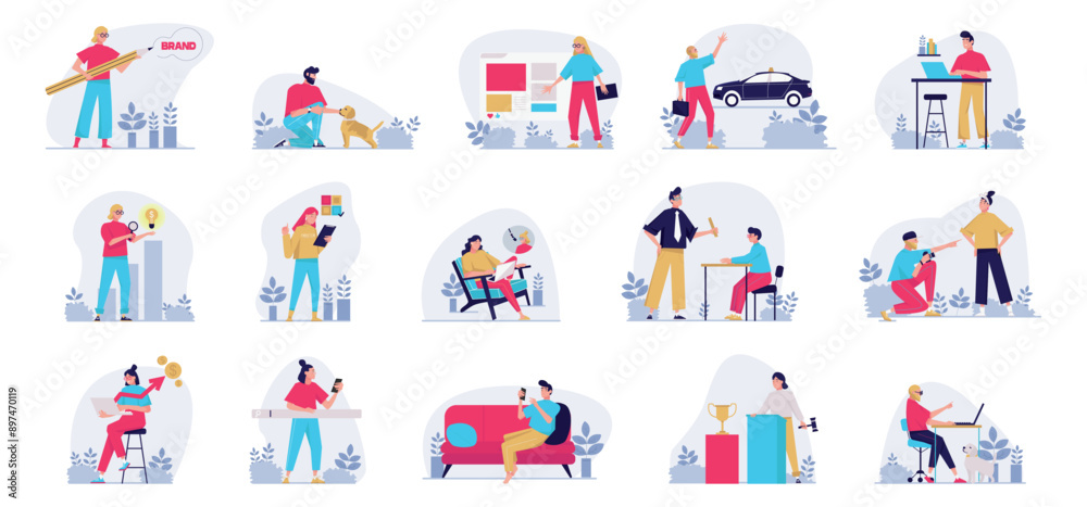 Set of minimal concepts with people scene in flat cartoon design. The wonderful scenes in this collection depict life situations on various themes. Vector illustration.