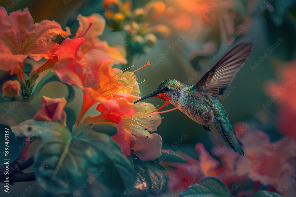 Fototapeta premium a tiny iridescent hummingbird drinking nectar from a beautiful flower.