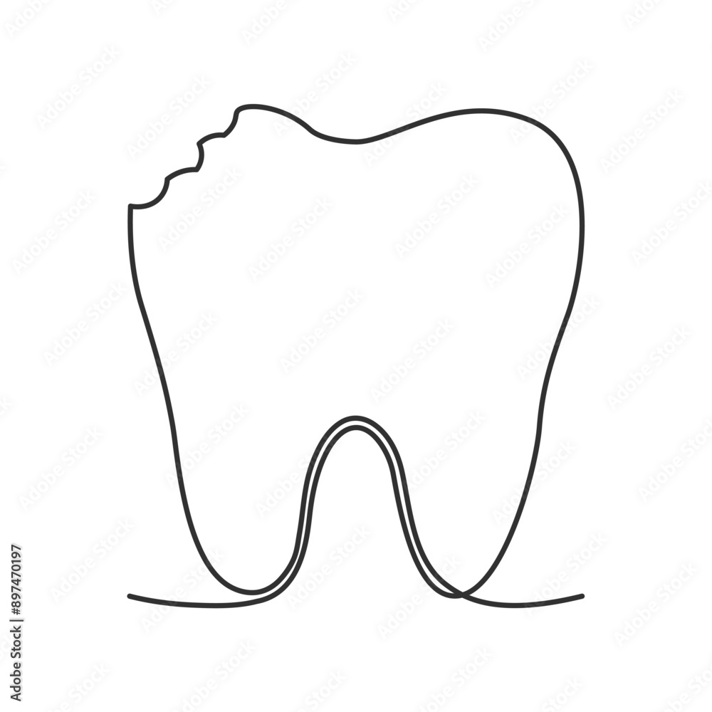 Broken Tooth Icon - Continuous Line Art Vector Illustration on White Background Broken Tooth Icon - Continuous Line Art Vector Illustration on White Background