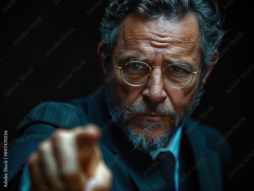 Confident Investment Banker Pointing Finger in Financial Briefing on Dark Background - Editorial Business Finance Stock Photo Confident Investment Banker Pointing Finger in Financial Briefing on Dark Background - Editorial Business Finance Stock Photo