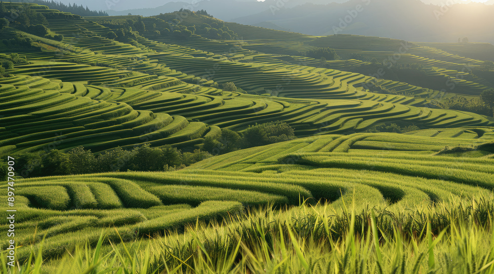 Terraced fields full of green wheat. Generative AI. Terraced fields full of green wheat. Generative AI.