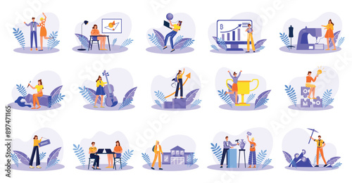 Set of blue concepts with people scene in flat cartoon design. Impressive scenes using a beautiful color palette are depicted in this collection. Vector illustration.