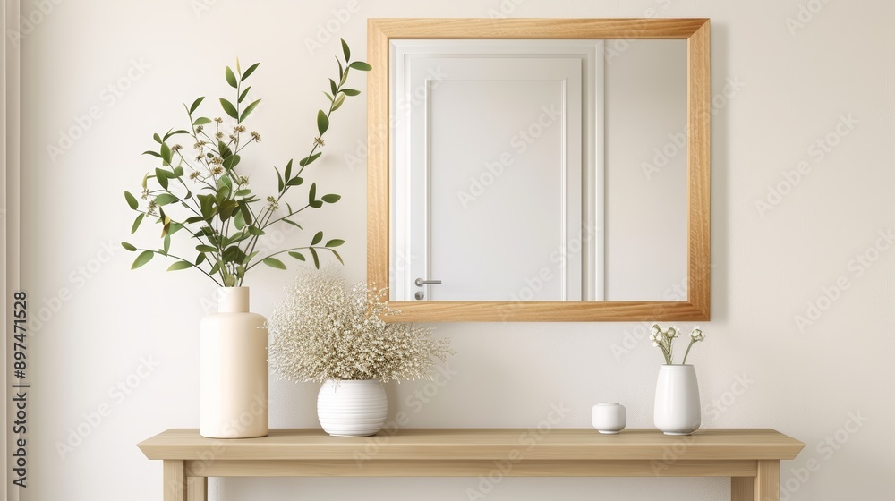A welcoming entryway with a console table, a mirror, and a vase of fresh flowers, with copy space, high-resolution photo, realistic photo, hyper realistic A welcoming entryway with a console table, a mirror, and a vase of fresh flowers, with copy space, high-resolution photo, realistic photo, hyper realistic
