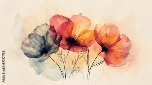 geometric floral illustration, contemporary geometric design of autumn flowers, fusing simplicity and elegance for versatile creative uses with a minimalist touch