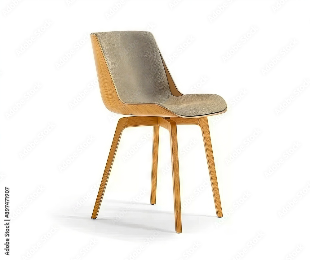 A modern chair with wooden legs and a beige seat. A modern chair with wooden legs and a beige seat.