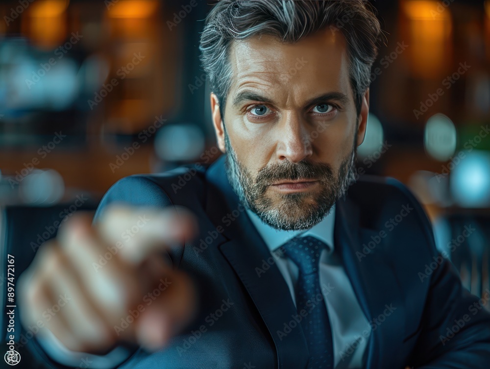 Obraz premium Confident Corporate Planner Pointing Finger in Strategy Meeting | Dark Background Editorial Style Digital Illustration