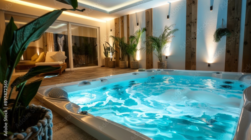 Fototapeta premium Serene Luxury Spa Room with Hydrotherapy Pool and Relaxing Decor, Copy Space for Text, Focus on All Objects, Deep Depth of Field