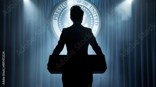 Illustration of Silhouette of a female president standing at a podium in a press conference room. Public speaking and communication concept. photo