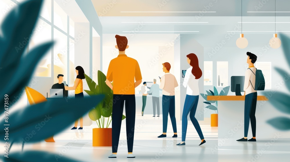 This image showcases a modern office environment with several employees engaged in various activities such as working on laptops, talking, and walking around. This image showcases a modern office environment with several employees engaged in various activities such as working on laptops, talking, and walking around.