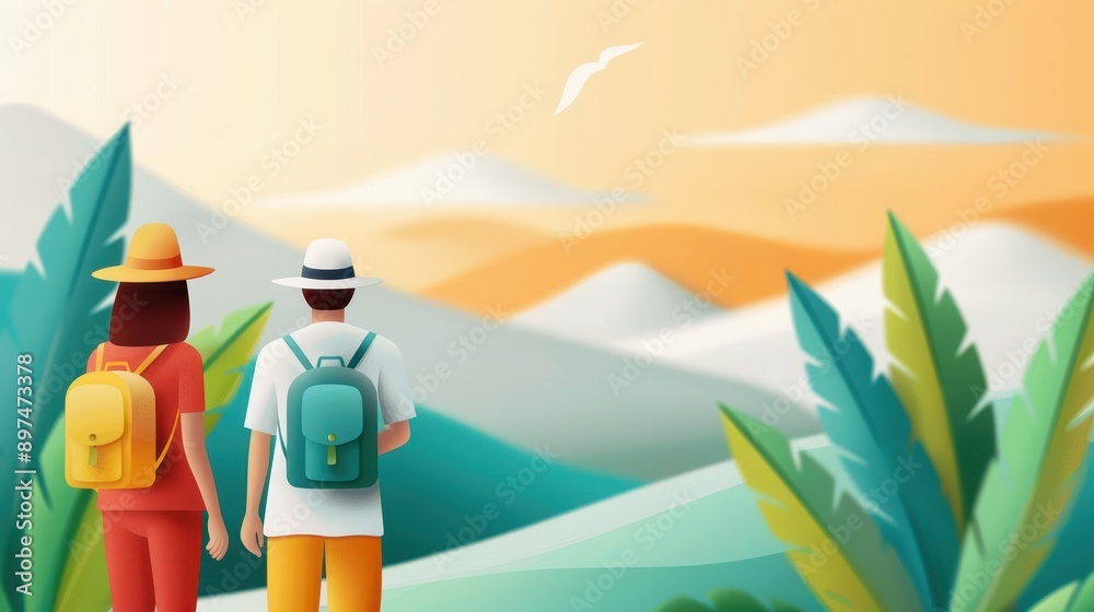 A couple, each carrying a backpack, stands admiring a scenic, serene natural landscape, symbolizing exploration, adventure, and a deep connection with nature's tranquility. A couple, each carrying a backpack, stands admiring a scenic, serene natural landscape, symbolizing exploration, adventure, and a deep connection with nature's tranquility.