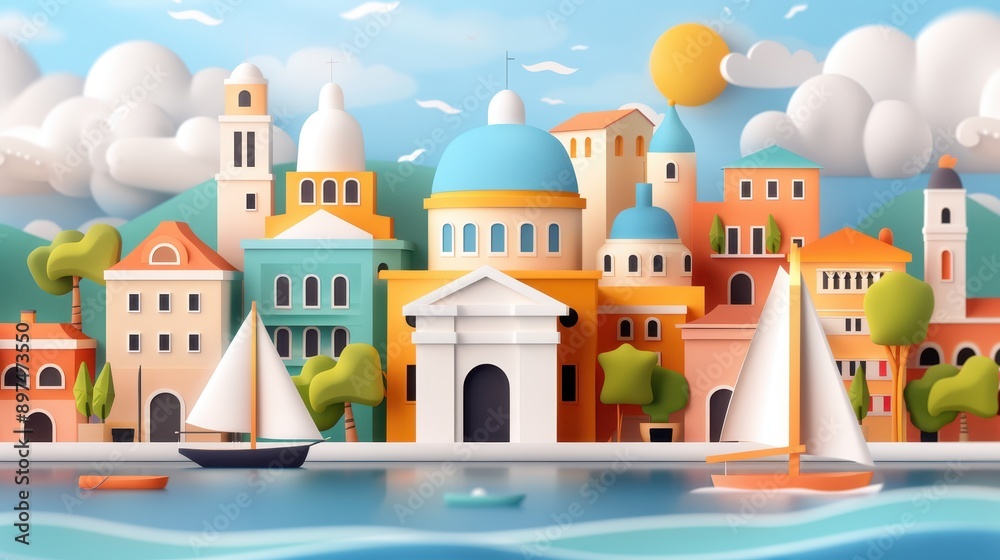 An illustration of a colorful coastal town with vibrant buildings, boats sailing on the water, and a bright, sunny day with fluffy clouds and calm waters. An illustration of a colorful coastal town with vibrant buildings, boats sailing on the water, and a bright, sunny day with fluffy clouds and calm waters.