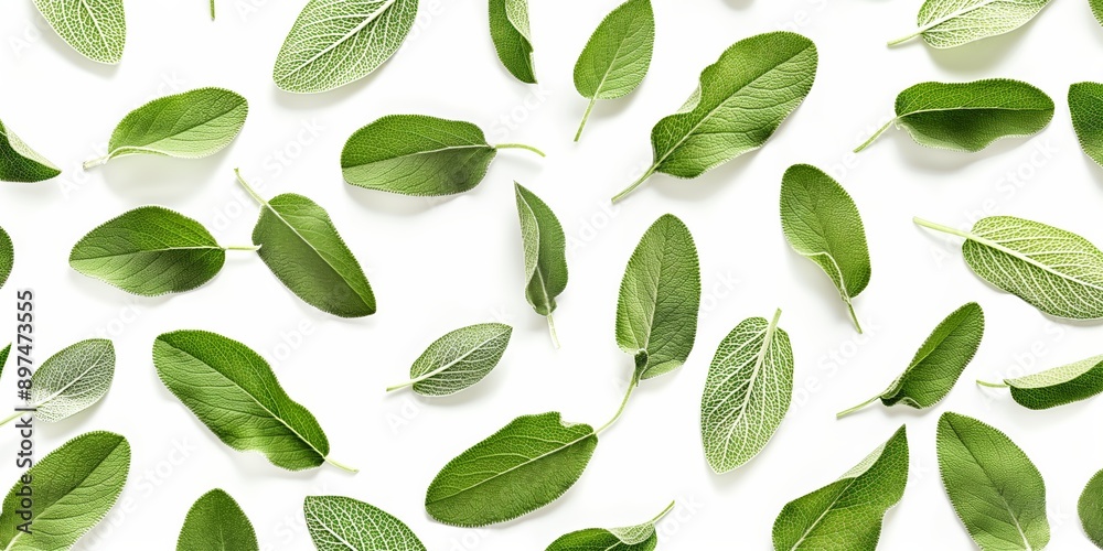 A close up of many green leaves of sage. The leaves are scattered across the image, creating a sense of abundance and freshness A close up of many green leaves of sage. The leaves are scattered across the image, creating a sense of abundance and freshness