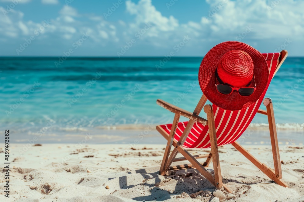 Coastal landscape - straw hat on a deck chair on the background of the sandy seashore. Beach holiday concept Coastal landscape - straw hat on a deck chair on the background of the sandy seashore. Beach holiday concept