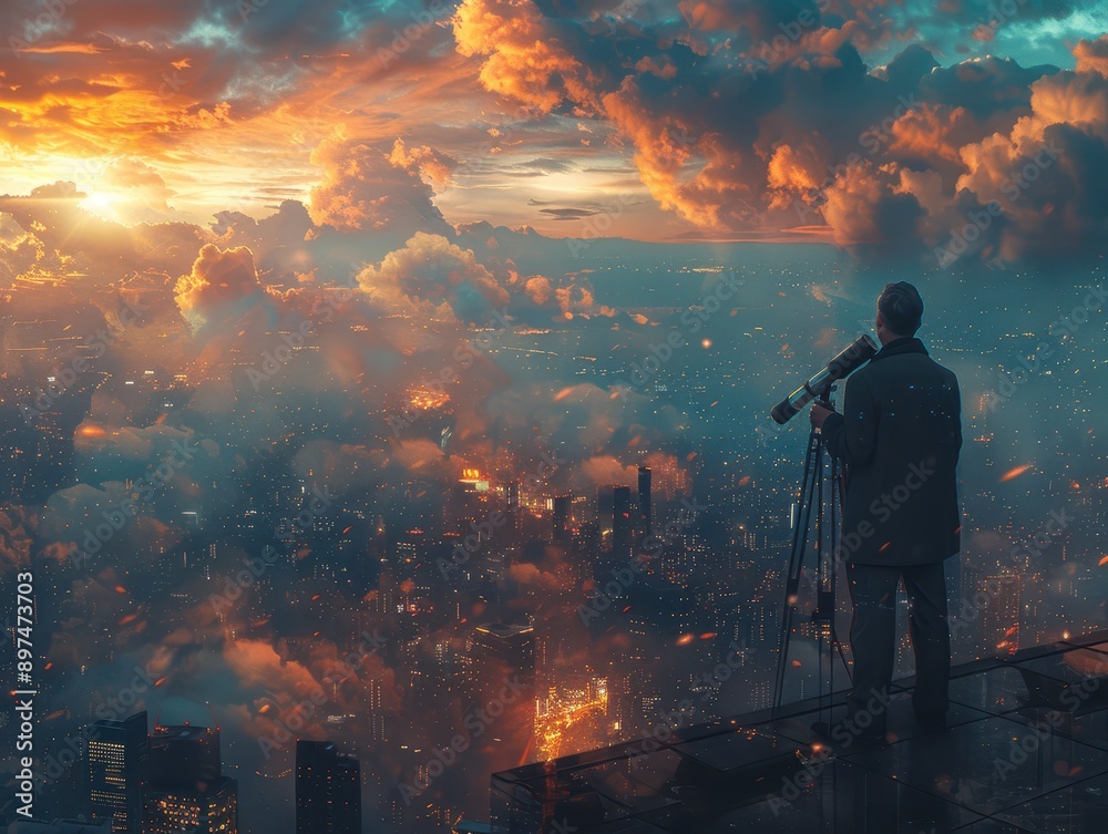 Fototapeta premium Visionary Businessman - Ambitious Executive on Rooftop with Telescope, Inspiring Cityscape and Skyline View | High-Resolution Digital Illustration