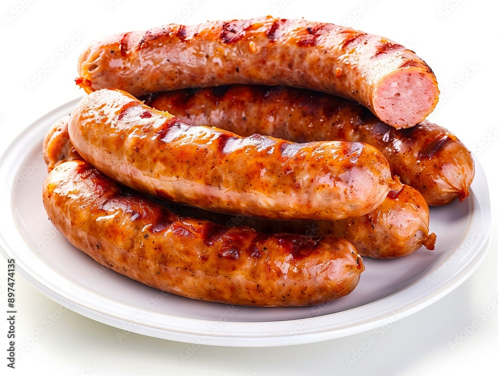 A plate of sausages on a white background. A plate of sausages on a white background.