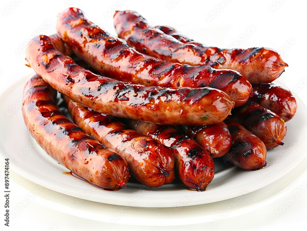 A plate of sausages on a white background.