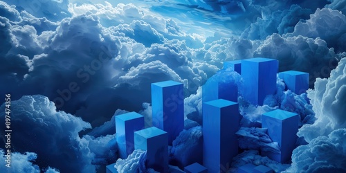 Cobalt blue blocks project a bullish market trend, depicted against a dynamic storm cloud canvas.