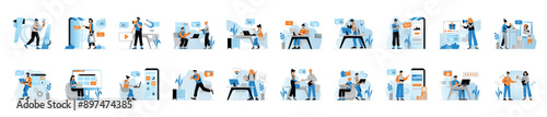 Mega set of blue concepts with people scene in flat cartoon design. The themes of the illustrations depicted in this collection cover various aspects of everyday life. Vector illustration. © Andrey
