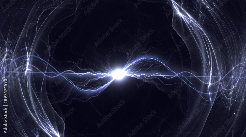 Obraz premium brilliante energievoll leuchtende kugelförmige Lichteffekte - Licht, abstrakt, dynamisch, Technologie, Wissenschaft, Reaktion, Elektrizität, Blitze, Strom, blau, lila, violett, schwarz 