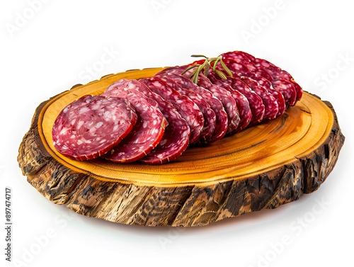 Sliced salami on a wooden plate. photo