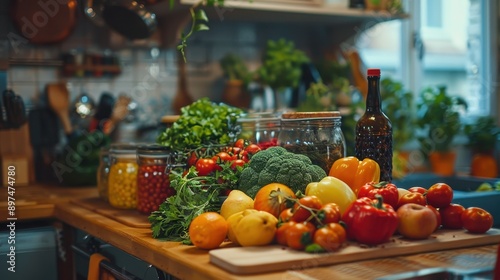 Colorful Array of Fresh Fruits and Vegetables in Kitchen for Healthy Meal Prep