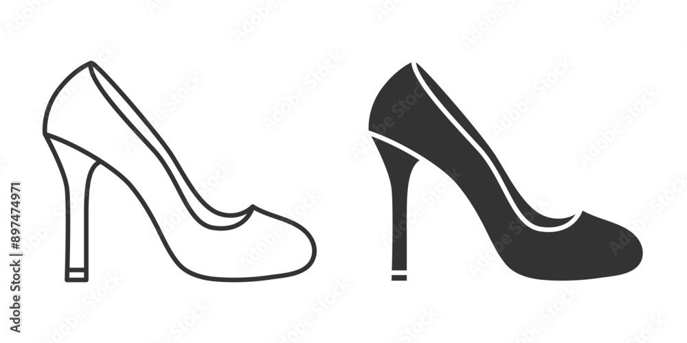 Flat Vector Linear and Silhouette High-heeled Stiletto, Heels, Pumps Icon Set Isolated. Footwear Symbol Set, Design Template, Clipart. Vector Illustration