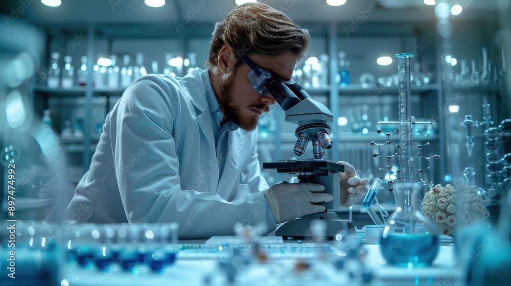 Cutting-Edge Scientific Research: Scientist Examining Cellular Sample with Microscope Surrounded by Genetic Models and Lab Equipment in Hyper-Realistic Detail Cutting-Edge Scientific Research: Scientist Examining Cellular Sample with Microscope Surrounded by Genetic Models and Lab Equipment in Hyper-Realistic Detail