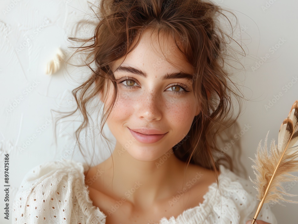 Adorable Model with Playful Wink Holding Feather Pen in Editorial Style on Creamy White Background - High-Resolution Digital Illustration Adorable Model with Playful Wink Holding Feather Pen in Editorial Style on Creamy White Background - High-Resolution Digital Illustration