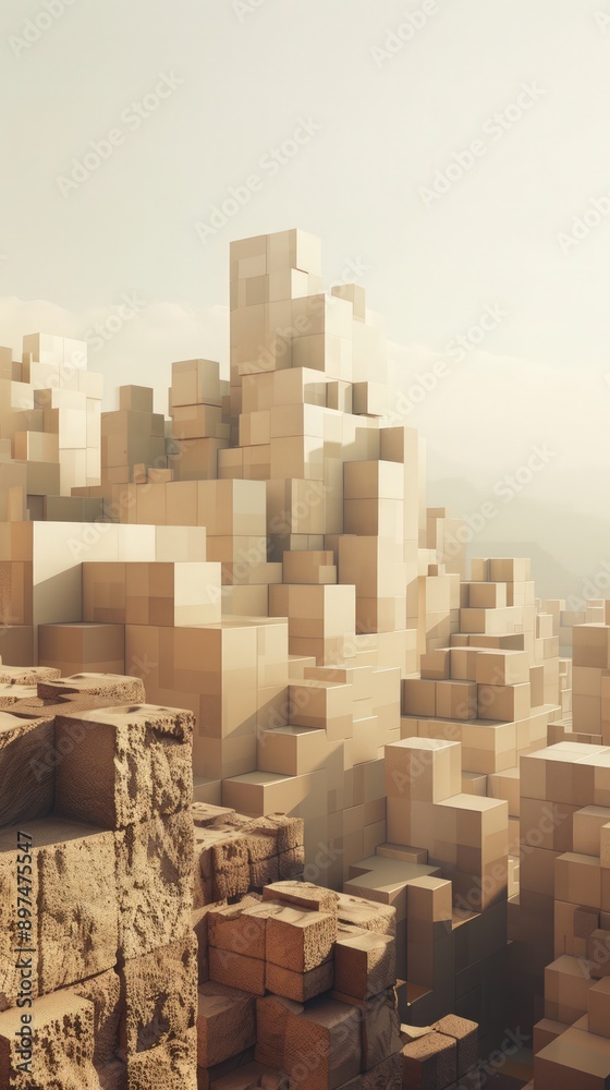 Creamy beige blocks stack to form a steady market rise, set against a coffee-hued landscape.