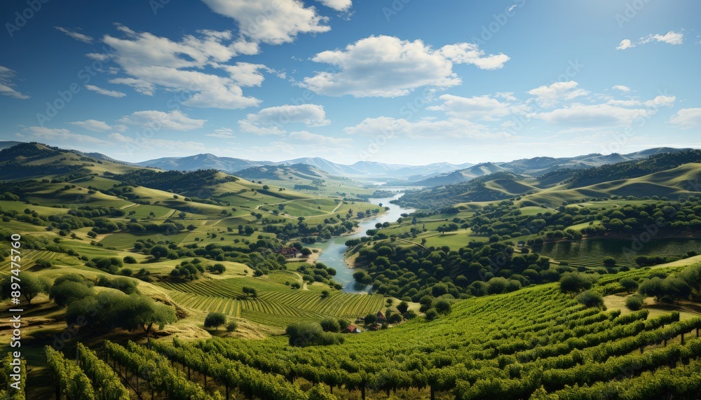 A lush vineyard with rows of grapevines and a distant hillside A lush vineyard with rows of grapevines and a distant hillside