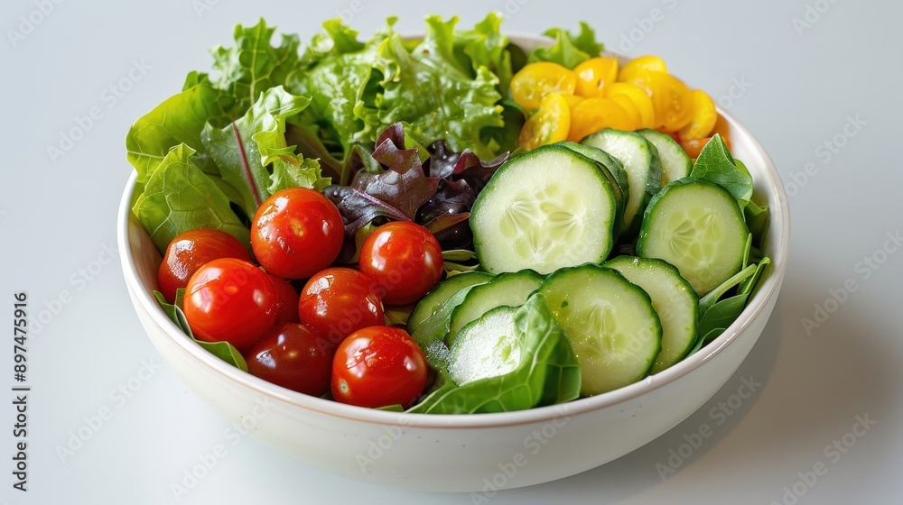 Fresh Salad Bowl with Mixed Greens, Cherry Tomatoes, Cucumber Slices, and Avocado for a Healthy Meal Fresh Salad Bowl with Mixed Greens, Cherry Tomatoes, Cucumber Slices, and Avocado for a Healthy Meal