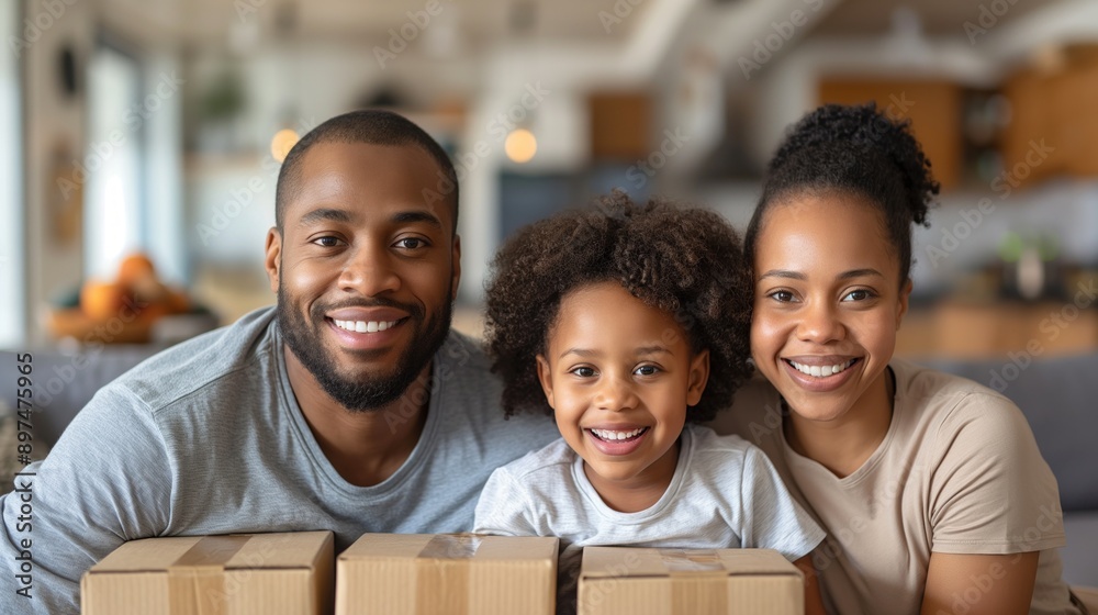 A happy family smiling together at home, sitting with moving boxes. A happy family smiling together at home, sitting with moving boxes.