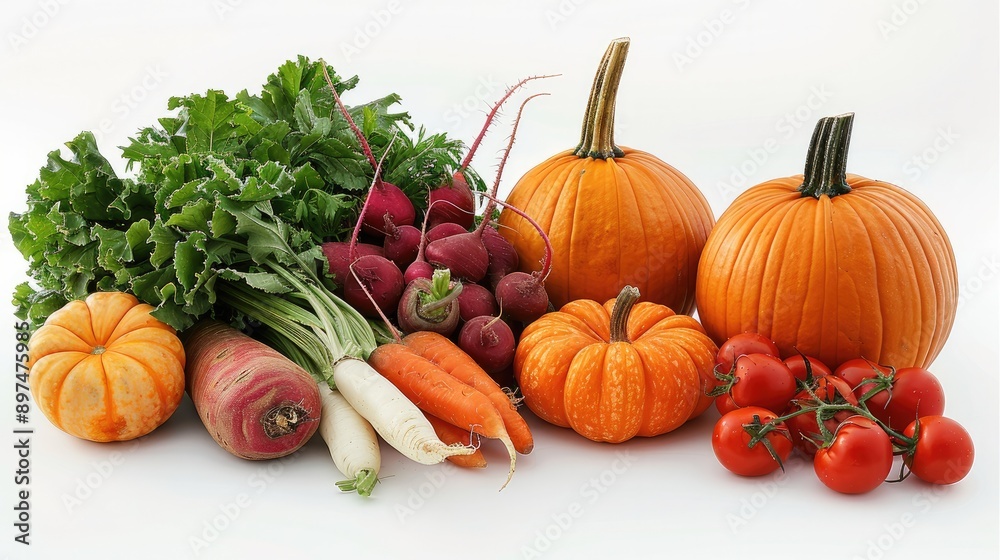 Composition of beets, carrots, pumpkin, tomatoes, on white background. Generative AI. Composition of beets, carrots, pumpkin, tomatoes, on white background. Generative AI.