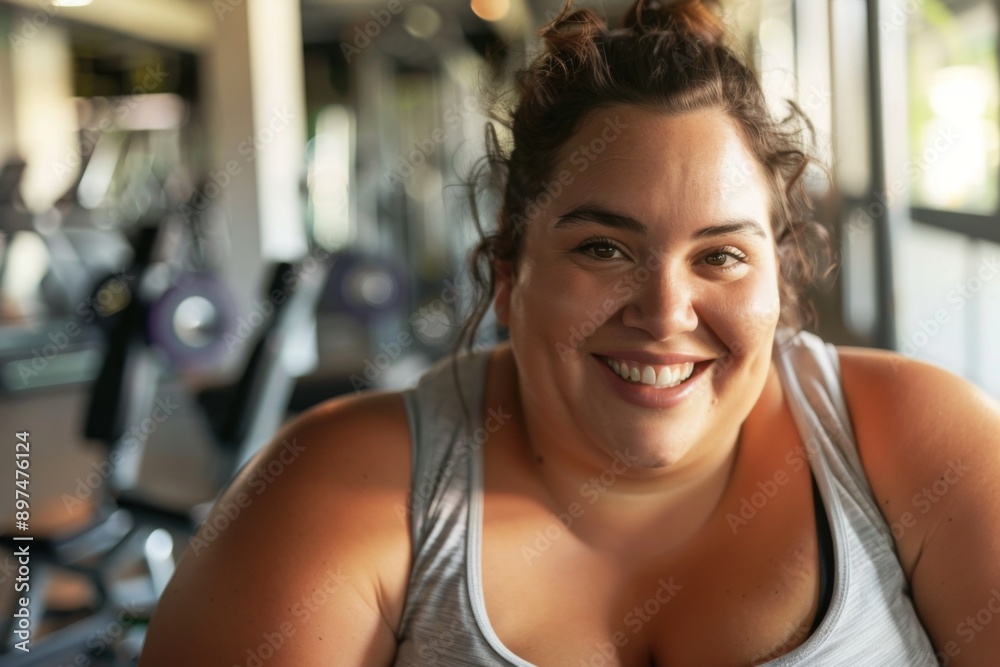 Close up portrait of a smiling obese woman in gym Close up portrait of a smiling obese woman in gym