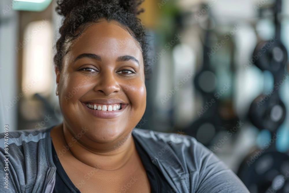 Close up portrait of a smiling obese woman in gym Close up portrait of a smiling obese woman in gym