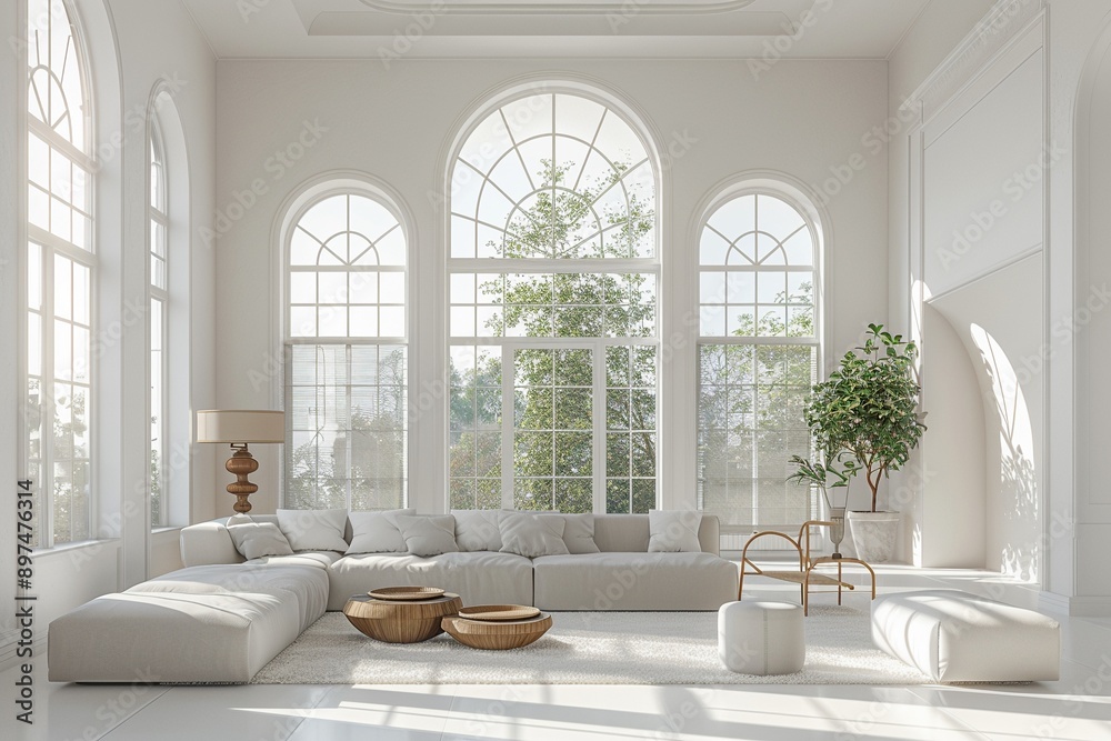 Spacious airy living room minimal furniture white walls large windows bright natural light Urban Illustration