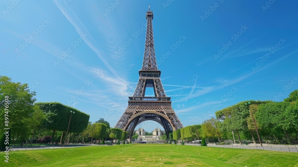 Fototapeta premium The Eiffel Tower is tall and majestic, standing in a lush green field