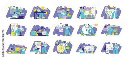 Set of bright color concepts with people scene in flat cartoon design. A big collection of scenes with men and women in various situations on a purple background. Vector illustration.