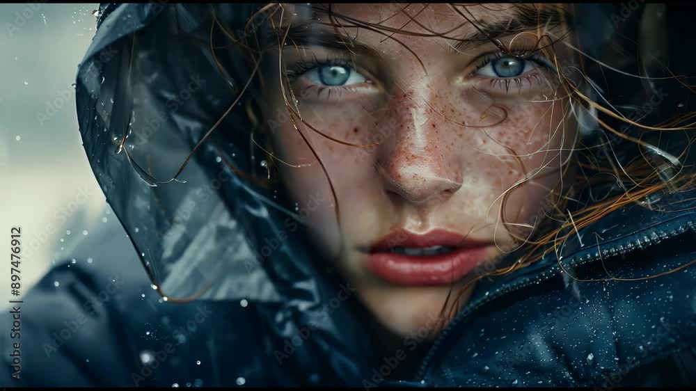 Woman in winter storm, reflecting deep emotions, rainy weather Woman in winter storm, reflecting deep emotions, rainy weather