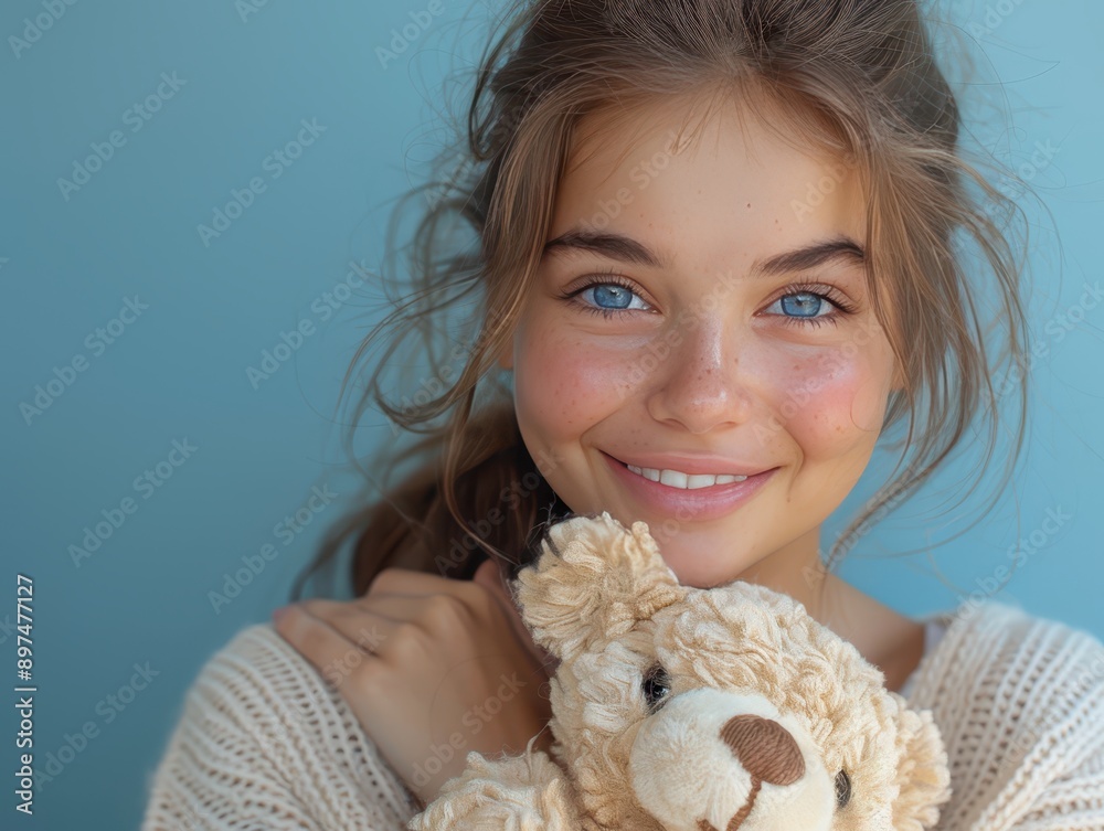 Sweet Smiles - Adorable Model Holding Teddy Bear on Soft Blue Background | Editorial Digital Portrait Sweet Smiles - Adorable Model Holding Teddy Bear on Soft Blue Background | Editorial Digital Portrait