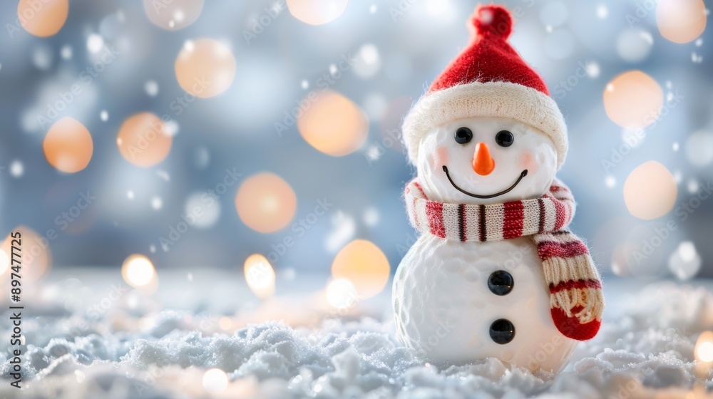 A snowman with a red hat and a red scarf is smiling A snowman with a red hat and a red scarf is smiling